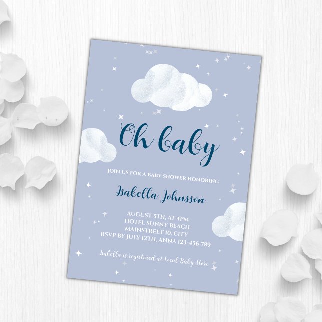 Oh Pojke Blue Clouds Himlar Stars Baby Shower Inbjudningar (oh baby boy blue clouds baby shower invitation)