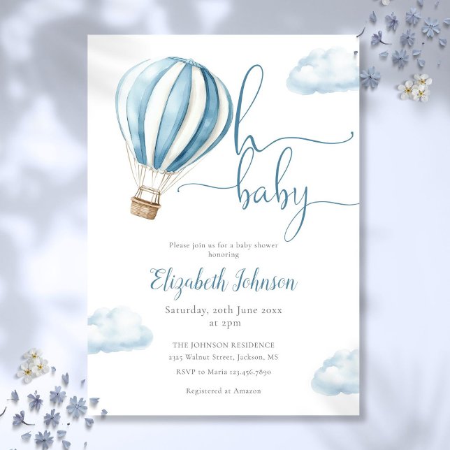 Oh Pojke Blue Luftballong Baby Shower Inbjudningar (Oh Baby Boy Blue Hot Air Balloon Baby Shower Invitation)
