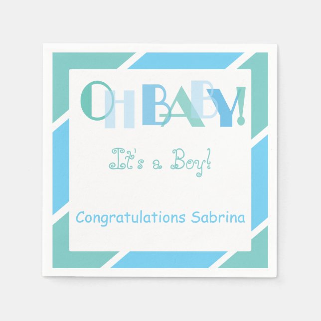 Oh Pojke Blue Modern Baby Shower Party Napkins Pappersservett (Framsidan)