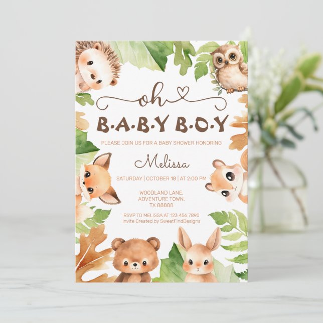 Oh Pojke Charming Woodland Baby Shower Inbjudningar (Stående Fram)