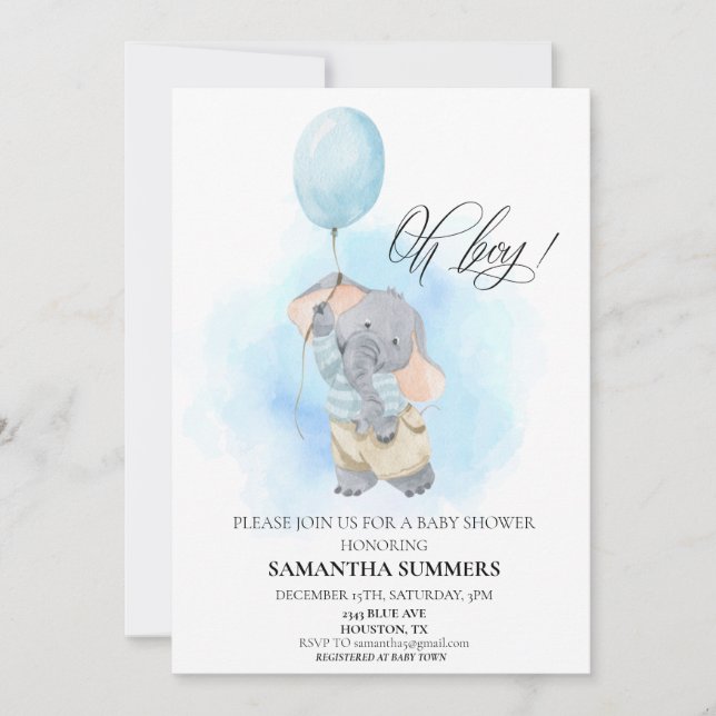 Oh Pojke Elefant Vattenfärg Ballong Blå  Inbjudningar (Framsida)