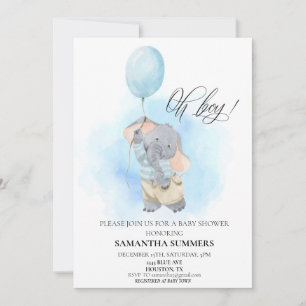 Oh Pojke Elefant Vattenfärg Ballong Blå Inbjudningar