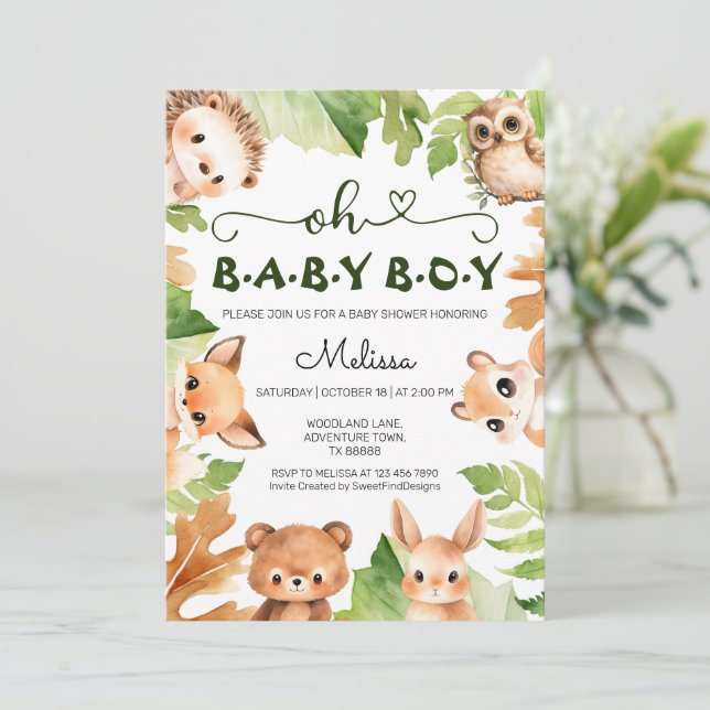 Oh Pojke Forest Animals Woodland Baby Shower Inbjudningar (Stående Fram)