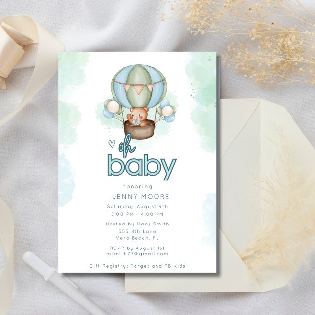 Oh Pojke Luftballong Baby Shower-inbjudan Inbjudningar (Oh Baby Boy Hot Air Balloon Baby Shower Invitation)