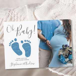 Oh Pojke Par Photo Blue Baby Shower Inbjudningar