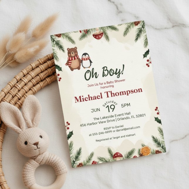 Oh Pojke Skogs Vinter Bebis Shower Inbjudan (Celebrate a little boy on the way with this charming woodland winter baby shower design)