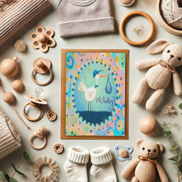 Oh Pojke Stork Whimsical Cute Blue Kort
