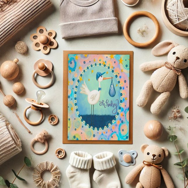 Oh Pojke Stork Whimsical Cute Blue Kort (Skapare uppladdad)