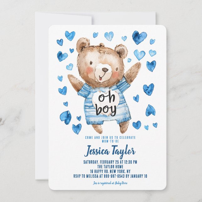 Oh Pojke Teddybjörn Blå Hjärtan Pojke Bebis Baby S Inbjudningar (Framsida)