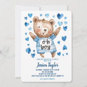 Oh Pojke Teddybjörn Blå Hjärtan Pojke Bebis Baby S Inbjudningar