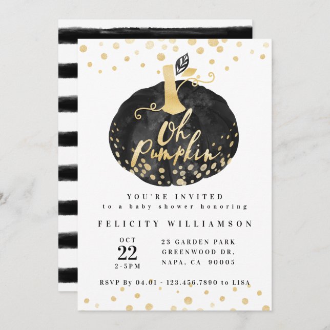 Oh Pumpkin | Chic Black & Guld Pumpkin Baby Shower Inbjudningar (Fram/baksida)