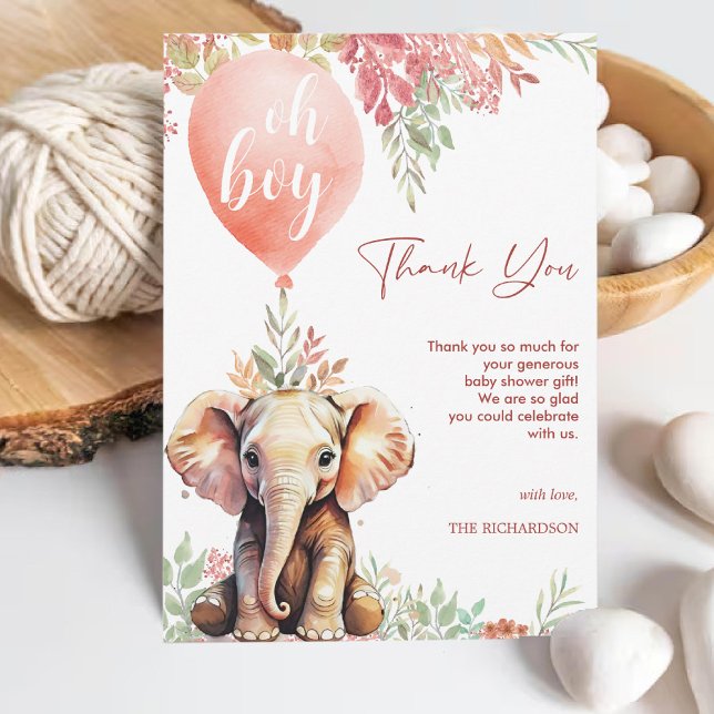 Oh Rosa Balloon Blommigt Elephant Baby Shower Tack Kort (Oh boy Pink Balloon Floral Elephant Baby Shower Thank You Card)