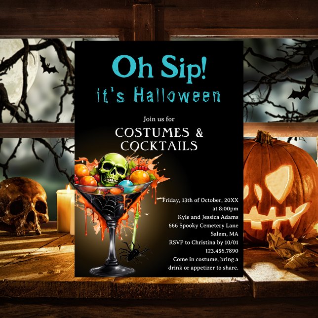 Oh Sip Roligt Svart Martini Halloween Kostymfest Inbjudningar (Skapare uppladdad)