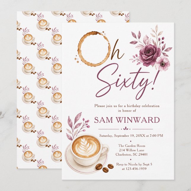 Oh Sixty Blommig Kaffe 60-årsdag Inbjudningar (Fram/baksida)