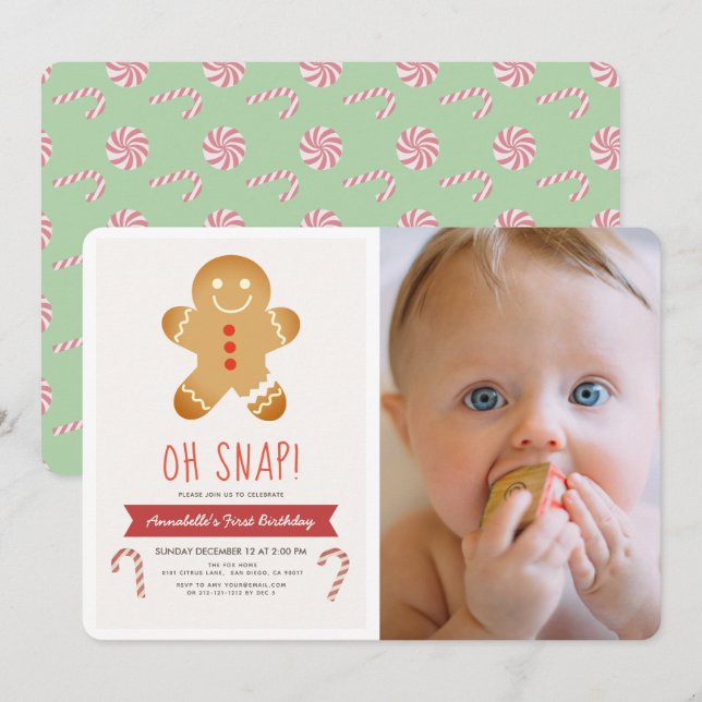Oh Snap Pepparkaksgubbe Kids Photo Birthday Inbjudningar (Fram/baksida)