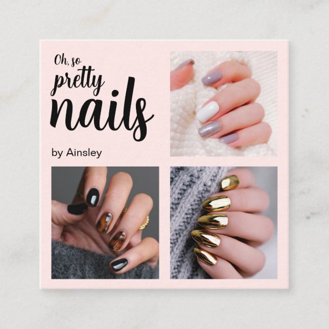 Oh So Pretty Nail Artist Pink Script Photo Fyrkantigt Visitkort (Framsida)