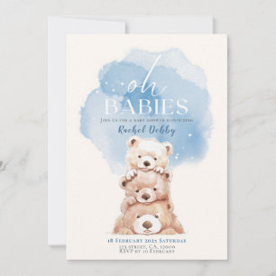 Oh Spädbarn Bear Baby Shower-inbjudan blått triple Inbjudningar