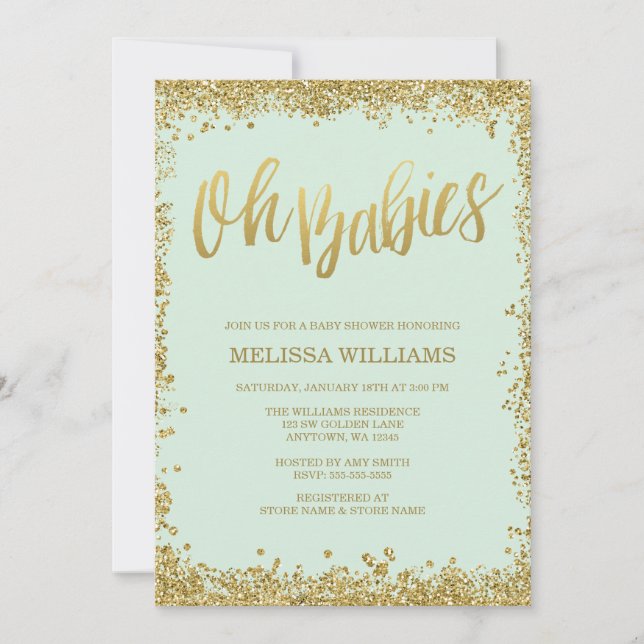 Oh Spädbarn Mint Guld Glitter Baby Shower Inbjudningar (Framsida)