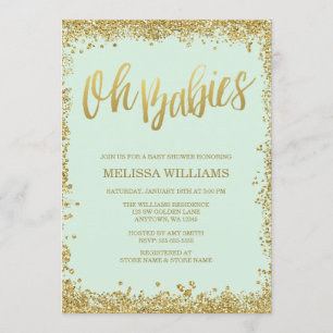 Oh Spädbarn Mint Guld Glitter Baby Shower Inbjudningar