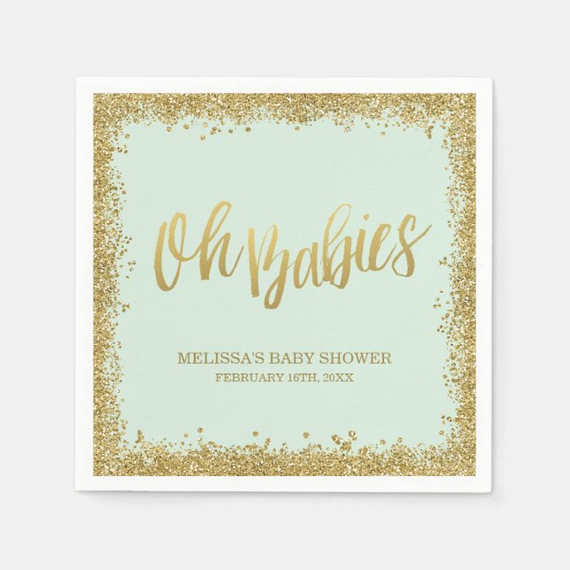Oh Spädbarn Mint Guld Glitter Baby Shower Pappersservett (Framsidan)