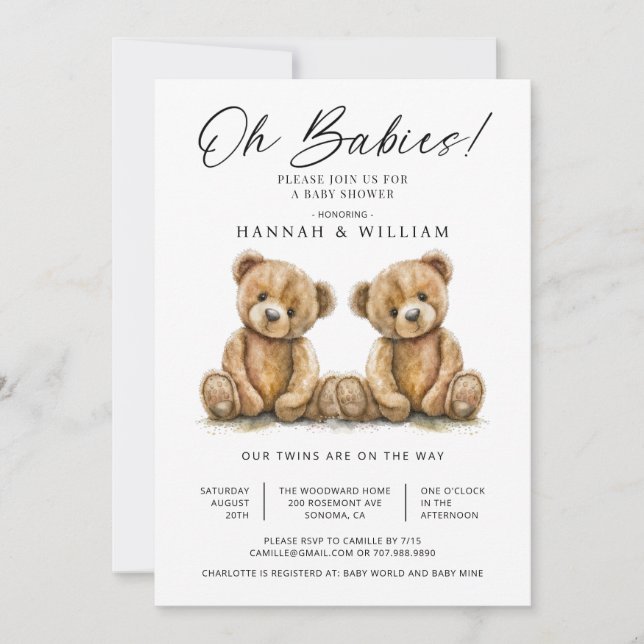 Oh Spädbarn Twillingars Watercolor Nalles Baby Sho Inbjudningar (Framsida)