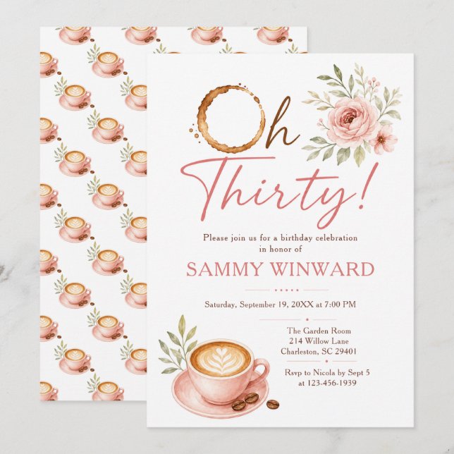 Oh Thirty Coffee Floral 30-årsfirande Inbjudningar (Fram/baksida)