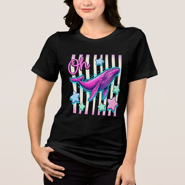 Oh Whale Retro Kust Grafisk T-shirt med Rosa Val (Framsida)