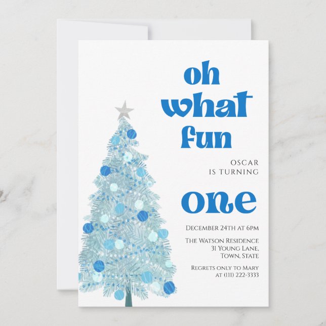 Oh what fun Blue tree christmas Boy birthday  Inbjudningar (Framsida)