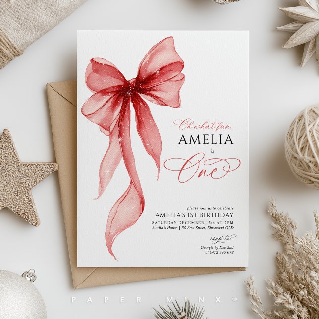 Oh What Fun Christmas 1st Birthday Party Girl Inbjudningar (Girls Christmas themed 1st birthday invitation with red bow. )