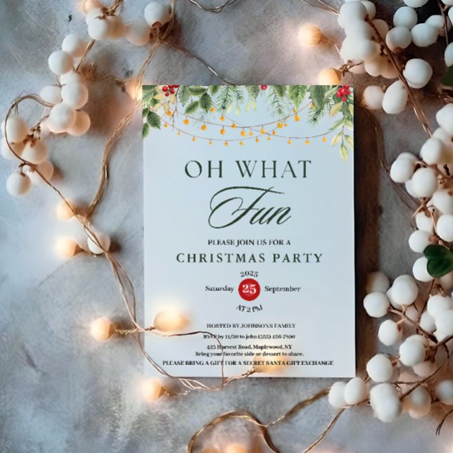 Oh What Fun Greenery String Light Christmas Party Inbjudningar (Oh What Fun Greenery String Light Christmas Party Invitation holiday holly berries botanical branch )