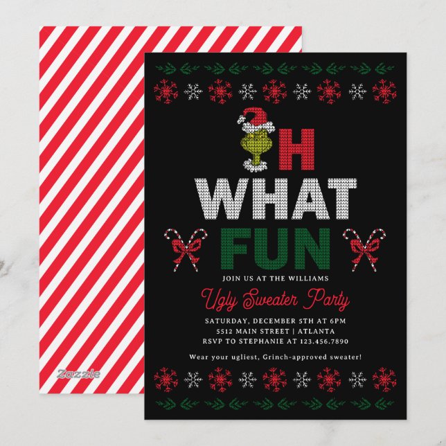 Oh What Fun Grinch Ugly Sweater Holiday Party Julkort (Fram/baksida)