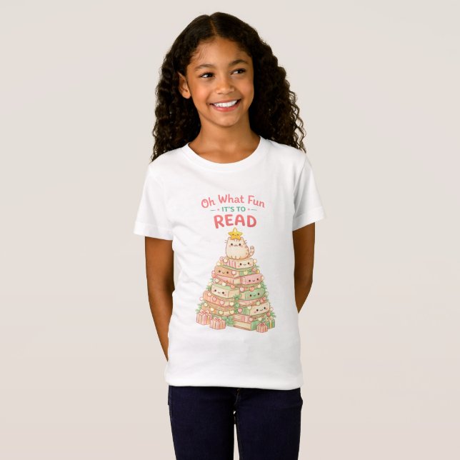 Oh What Fun It's to Read Christmas Cute Cat Books T Shirt (Hel framsida)
