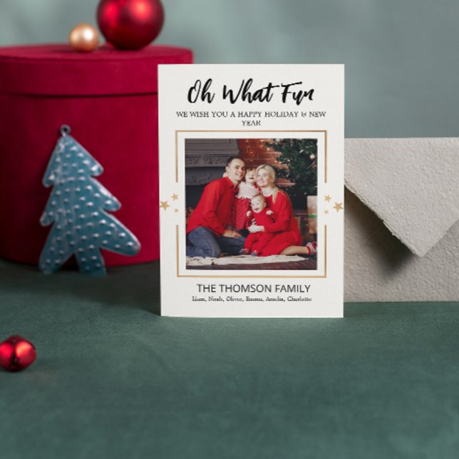 Oh What Fun Modern Christmas Julkort (oh what fun christmas cards typography script modern holiday simple trendy humor gold stars photo )