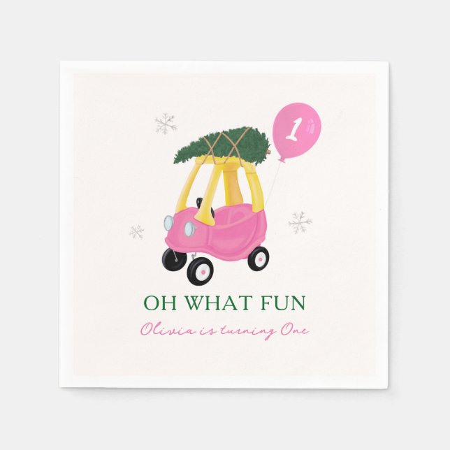Oh What Fun Pink Christmas Car 1st Birthday Party  Pappersservett (Framsidan)
