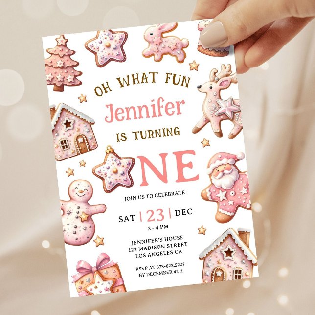 Oh What Fun Pink Cookies Christmas 1st Birthday Inbjudningar (Skapare uppladdad)
