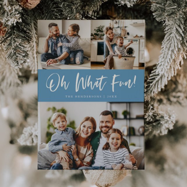 Oh What Fun Script Christmas Photo Denim Blue Julkort (Skapare uppladdad)
