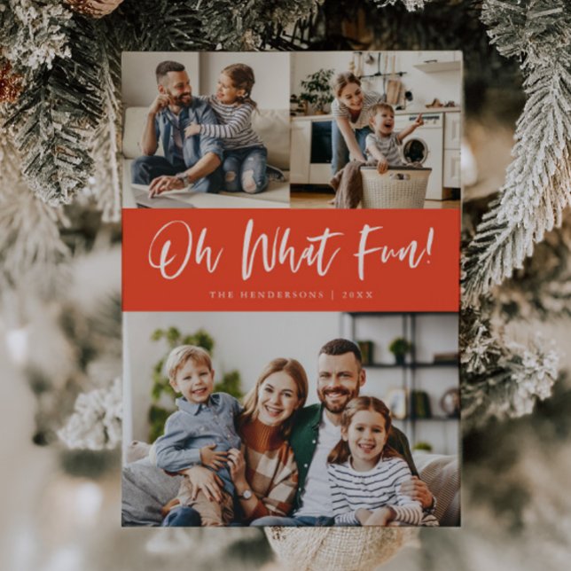 Oh What Fun Script Christmas Photo Red Julkort (Skapare uppladdad)