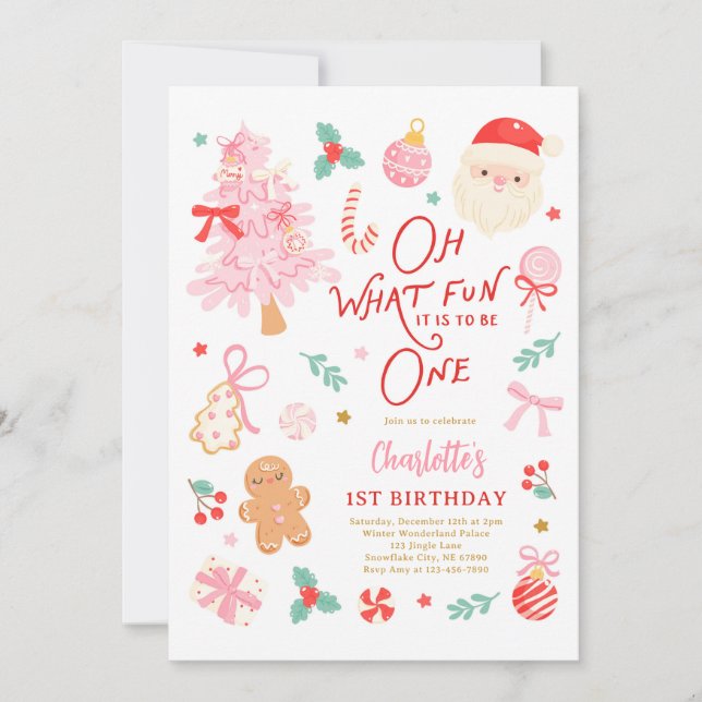 Oh What Fun To Be One Cute Christmas 1st Birthday Inbjudningar (Framsida)