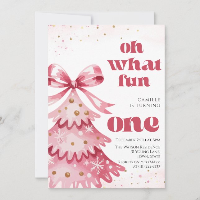Oh what fun tree christmas girl birthday  inbjudningar (Framsida)