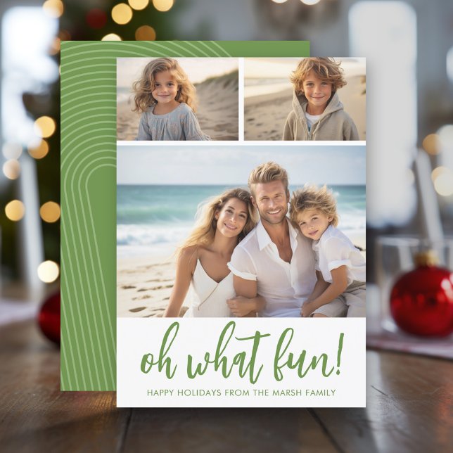 Oh What Roligt - 3 Photo - Zen Arch Grönt White Julkort (Modern Christmas Photo Greeting Card)