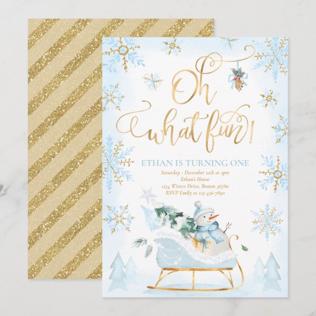 Oh What Roligt Blue & Guld Winter Sleigh Birthday Inbjudningar (Fram/baksida)