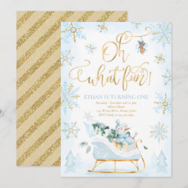 Oh What Roligt Blue & Guld Winter Sleigh Birthday Inbjudningar