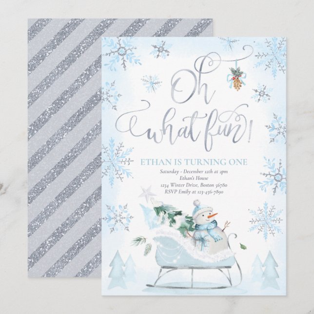 Oh What Roligt Blue & Silver Winter Sleigh Birthda Inbjudningar (Fram/baksida)