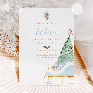 Oh What Roligt Boy Winter Sleigh 1st Birthday Part Inbjudningar