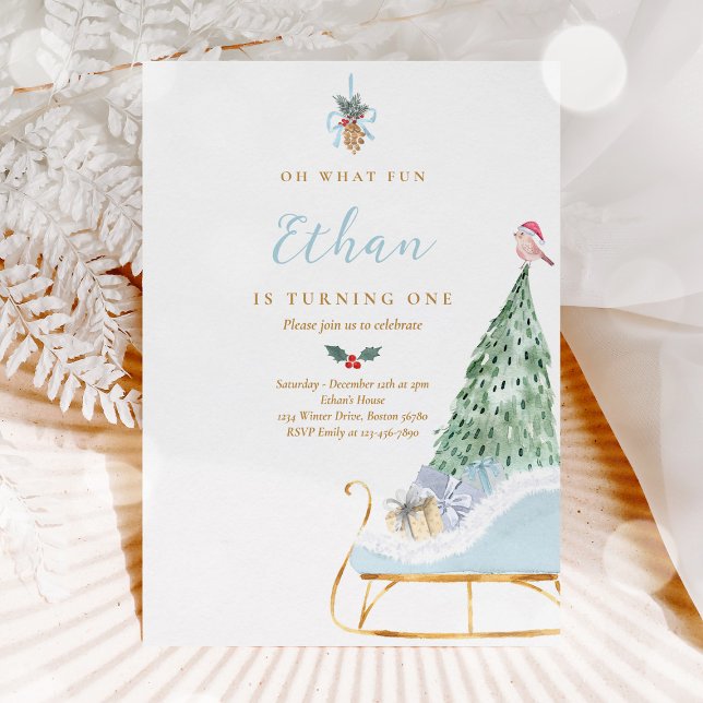 Oh What Roligt Boy Winter Sleigh 1st Birthday Part Inbjudningar (Skapare uppladdad)