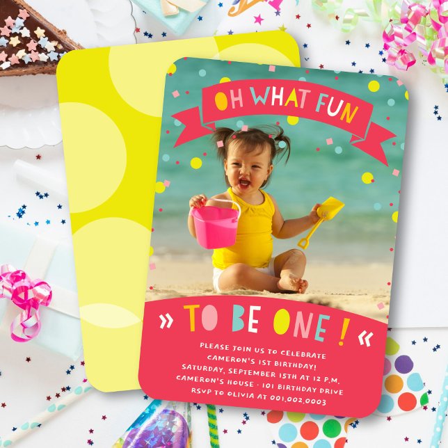 Oh What Roligt Confetti First Födelsedagsfest Inbj Inbjudningar (Oh What Fun To Be One Colorful Confetti Girl 1st Birthday Party Photo Invitation @ fatfatin)