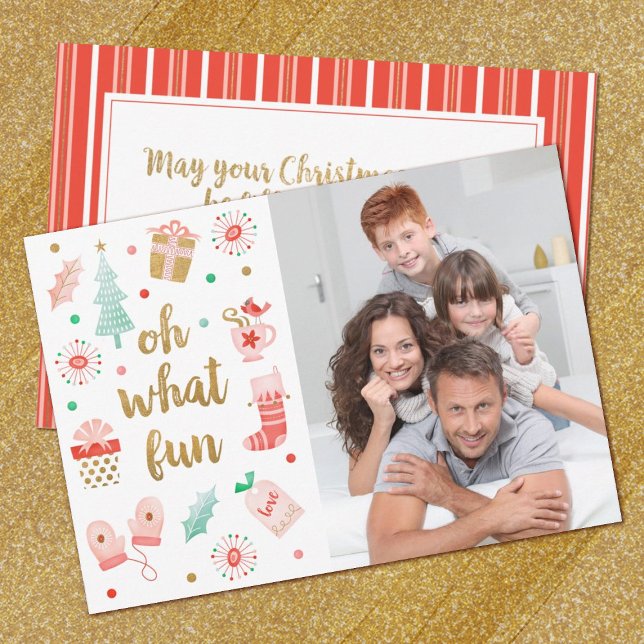 Oh What Roligt Cute Family julfotkort Kort (A cute family photo Christmas Card with the words, Oh What Fun. Personalize a message on the back.)