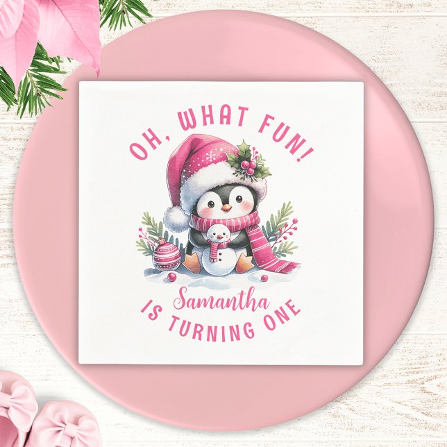 Oh What Roligt Cute Penguin Winter Girl 1st Birthd Pappersservett (Skapare uppladdad)