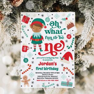Oh What Roligt Elf jul 1st Birthday Party Inbjudningar