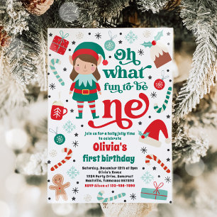 Oh What Roligt Elf jul 1st Birthday Party Inbjudningar
